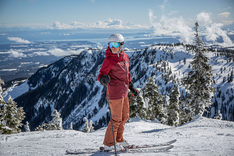 Patagonia Insulated Powder Town Pants (overlooking mountains at resort)